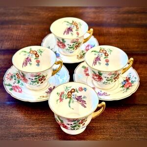 Vintage Limoges La Cloche tea cup set, 4 cups 3 saucers, French China